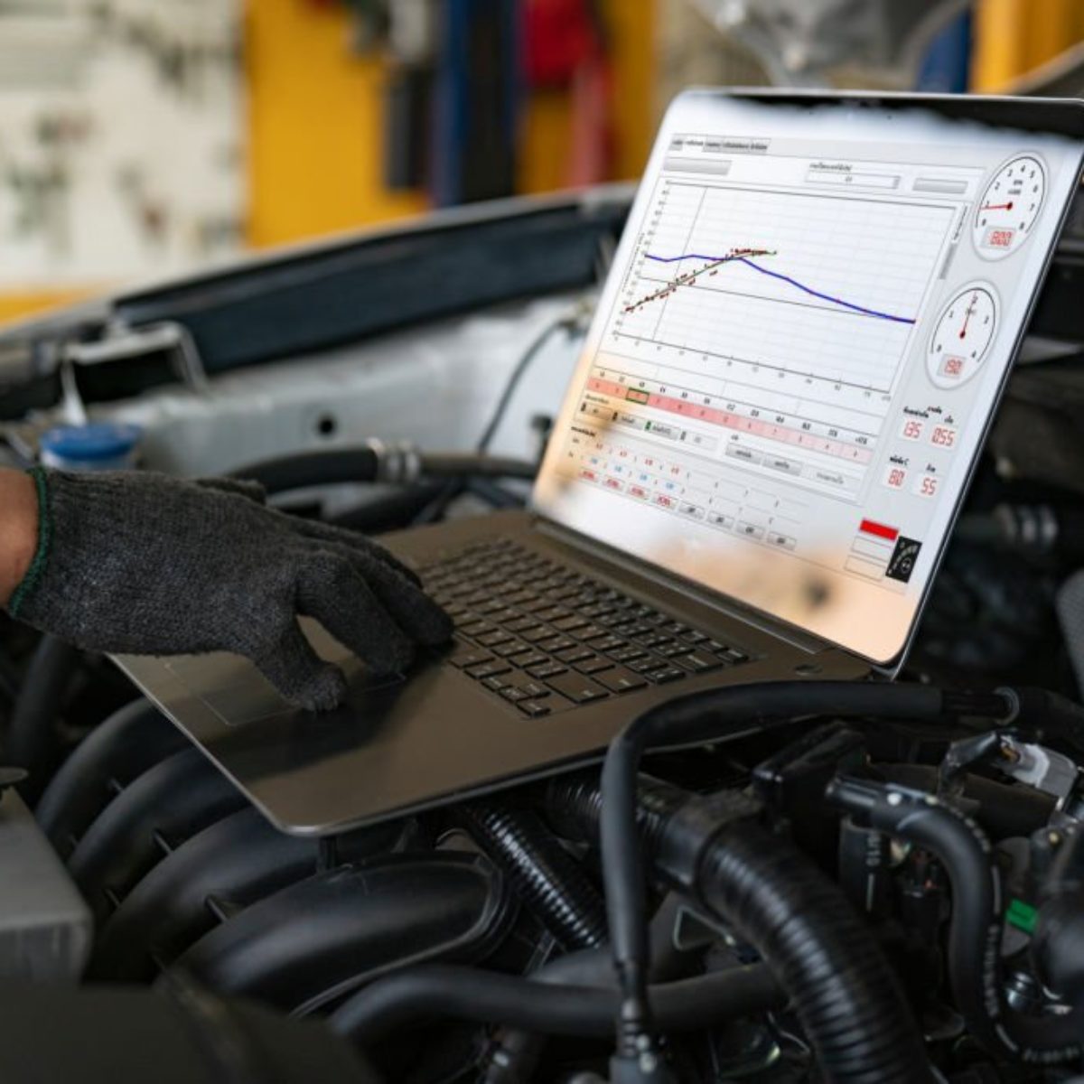 Professional car mechanic working in auto repair service.